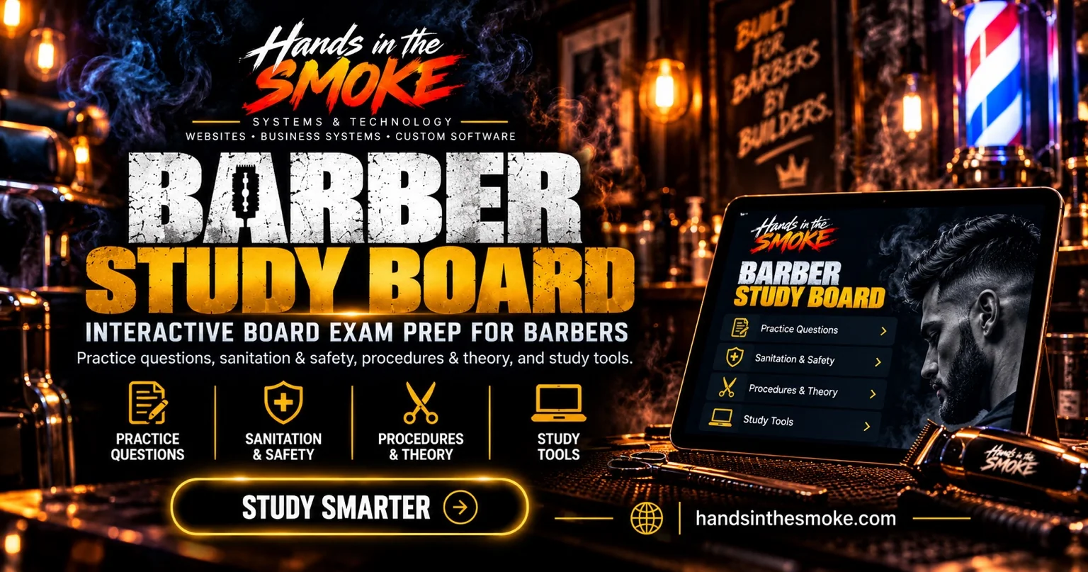 Barber Study Board artwork in a cinematic barbershop, with HITS branding and exam-prep themes